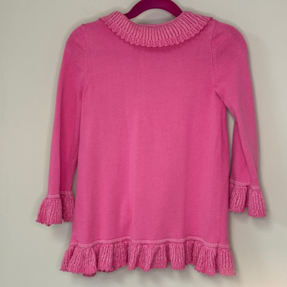 Lilly Pulitzer: Girls Pink Ruffle Cardigan Sweater, Metallic Accent, Size S (4/5 - Picture 2 of 9